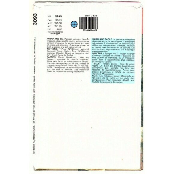 Butterick 3093 Home Decorating Furniture Cover Sewing Pattern UNCUT 1985 - Picture 2 of 2